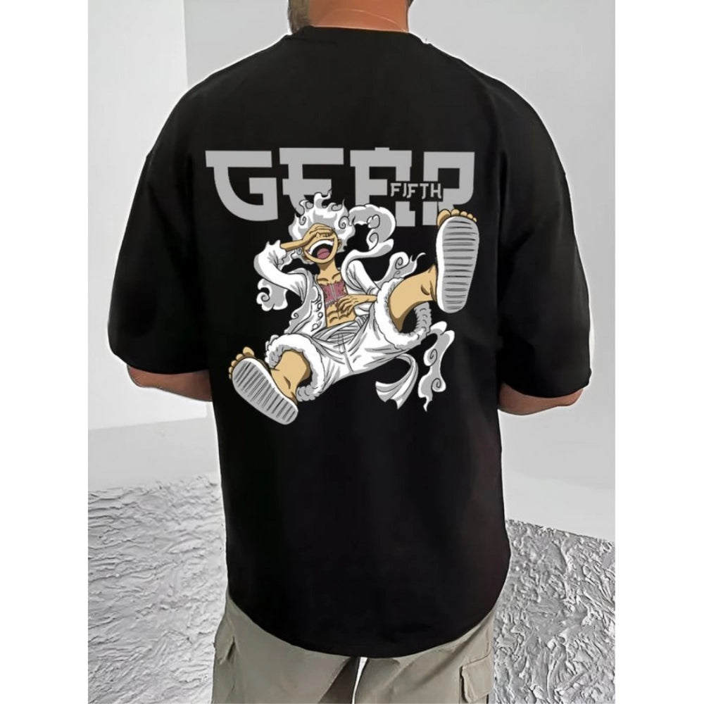 Men's Casual Cotton Blend Printed Round Neck Half Sleeve T-Shirt (Black)