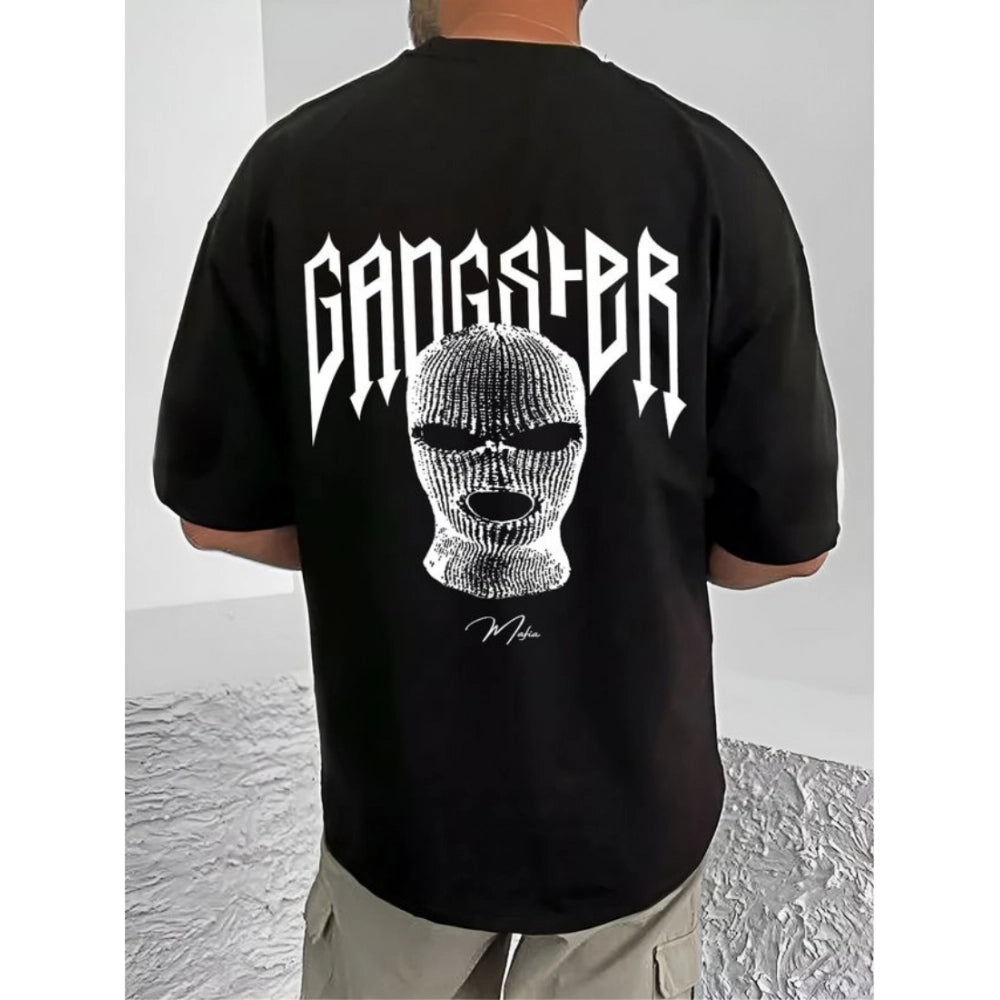 Men's Casual Cotton Blend Printed Round Neck Half Sleeve T-Shirt (Black)