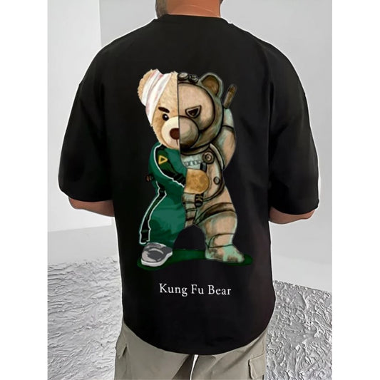 Men's Casual Cotton Blend Printed Round Neck Half Sleeve T-Shirt (Black)