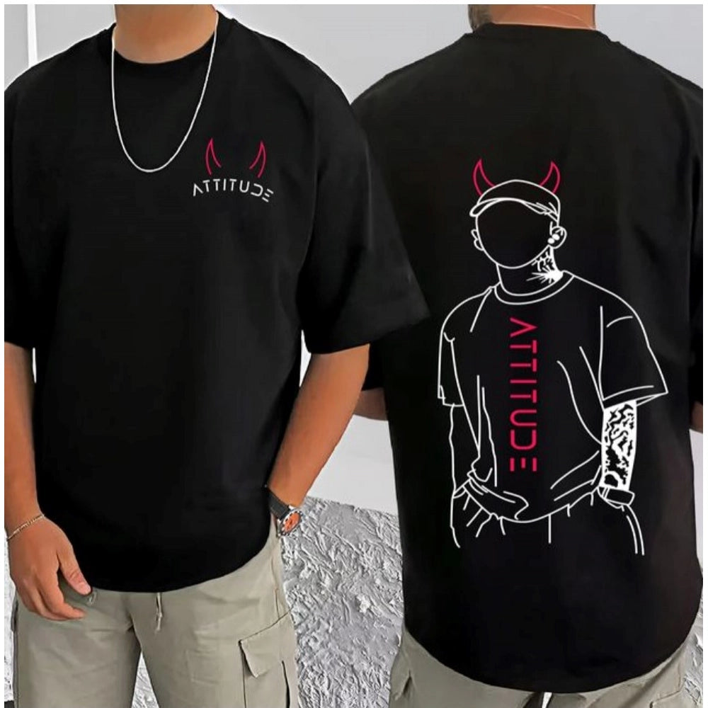 Men's Casual Cotton Blend Printed Round Neck Half Sleeve T-Shirt (Black)