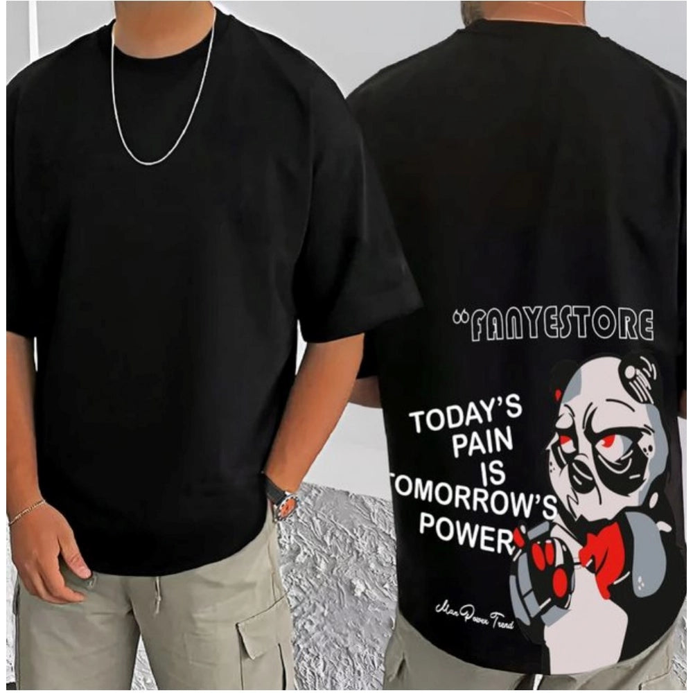 Men's Casual Cotton Blend Printed Round Neck Half Sleeve T-Shirt (Black)