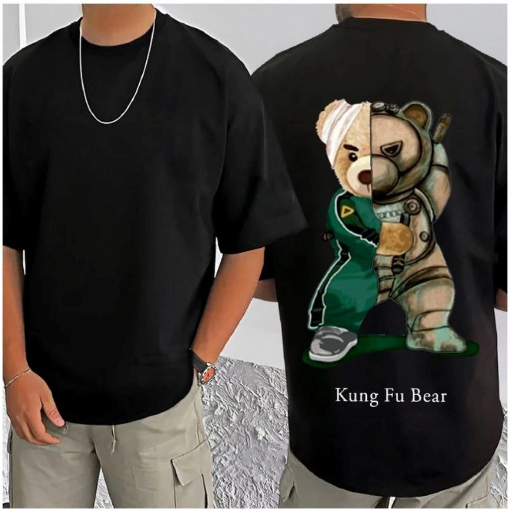 Men's Casual Cotton Blend Printed Round Neck Half Sleeve T-Shirt (Black)