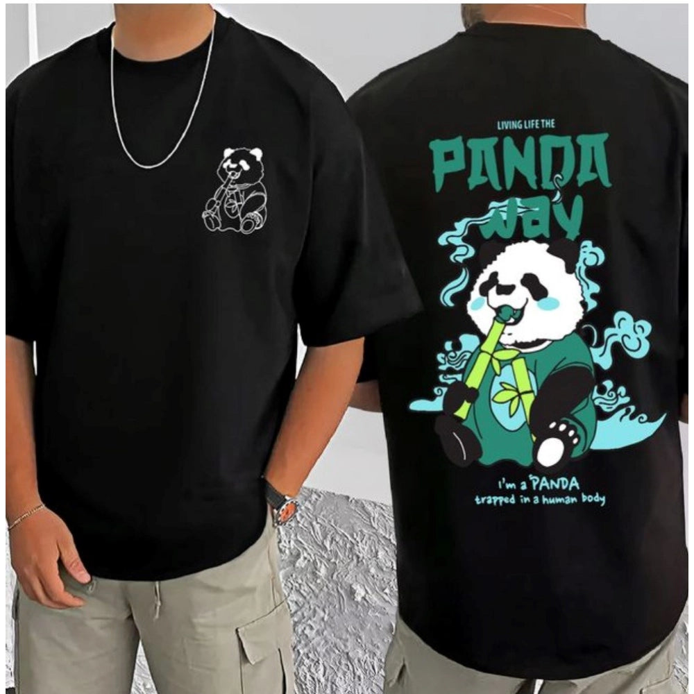 Men's Casual Cotton Blend Printed Round Neck Half Sleeve T-Shirt (Black)