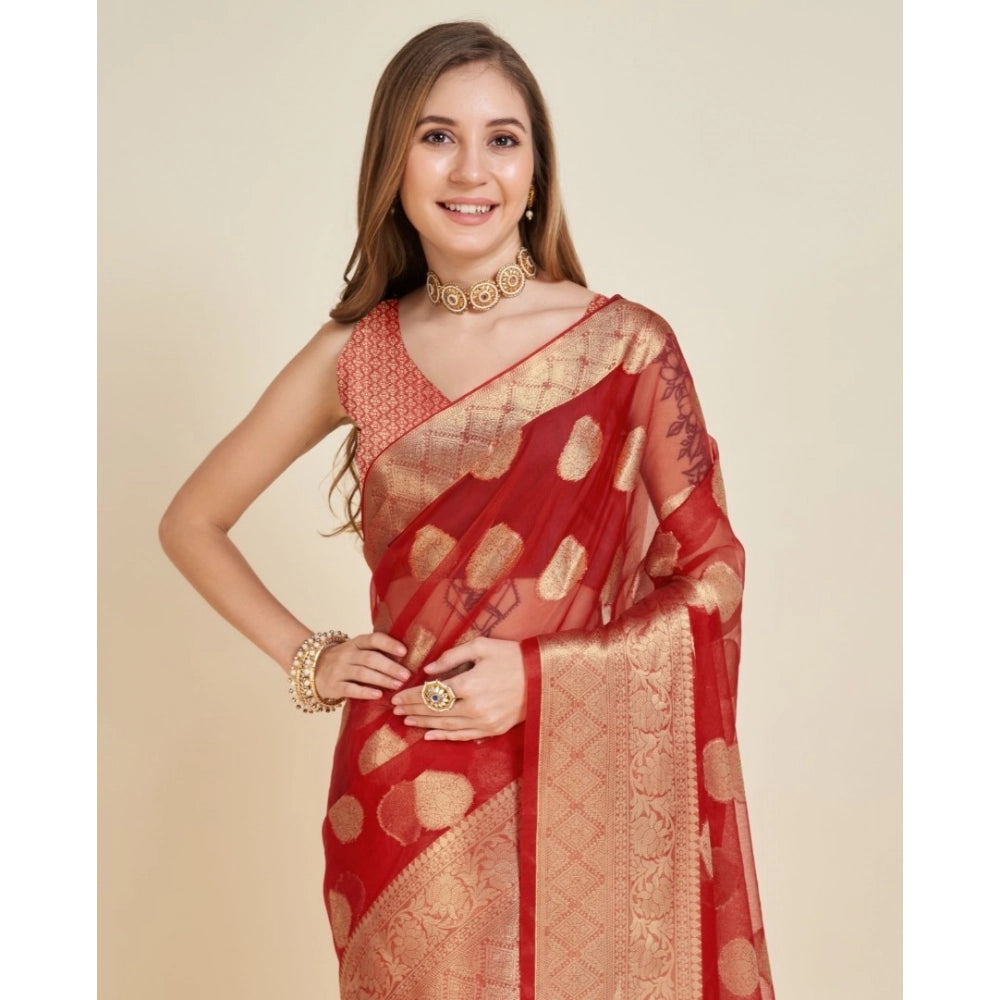 Women's Soft Organza Silk Weaving Design Saree With Unstitched Blouse 5.5Mtr (Red)