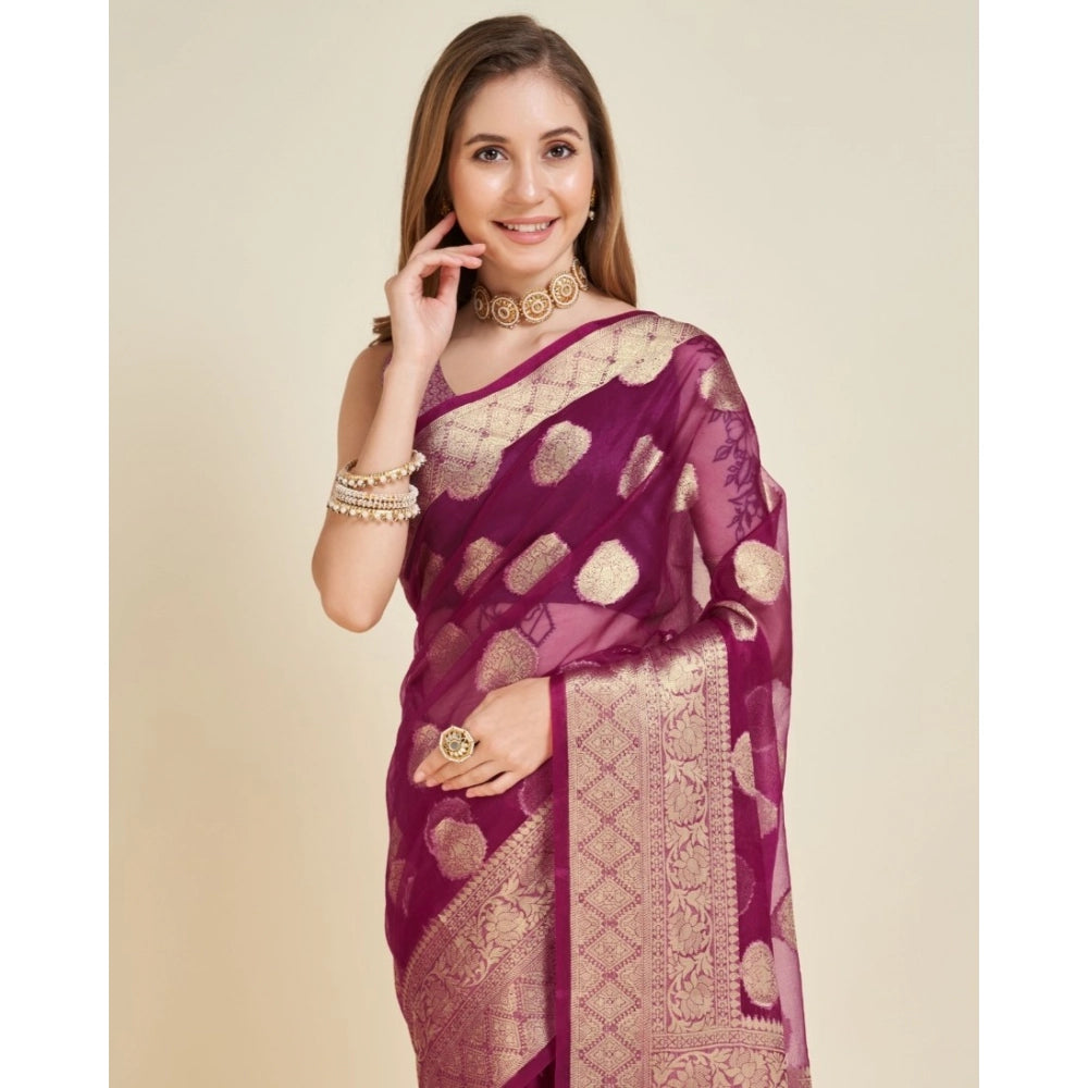 Women's Soft Organza Silk Weaving Design Saree With Unstitched Blouse 5.5Mtr (Wine)