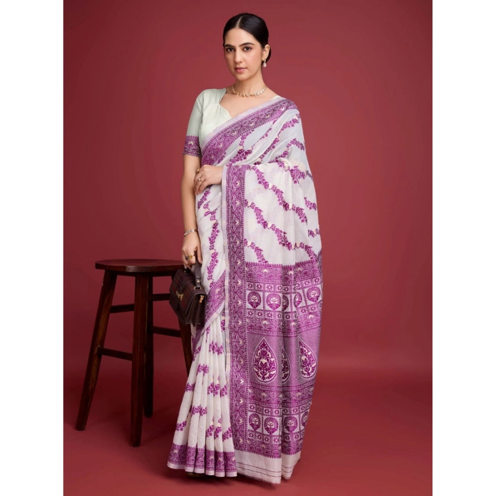 Women's Jamdani Cotton Silk Printed Saree With Unstitched Blouse 5.5Mtr (Wine)