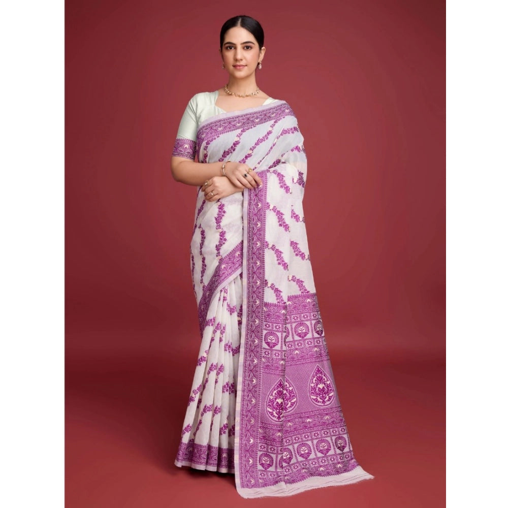 Women's Jamdani Cotton Silk Printed Saree With Unstitched Blouse 5.5Mtr (Wine)