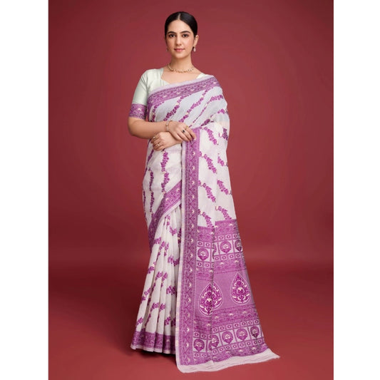 Women's Jamdani Cotton Silk Printed Saree With Unstitched Blouse 5.5Mtr (Wine)