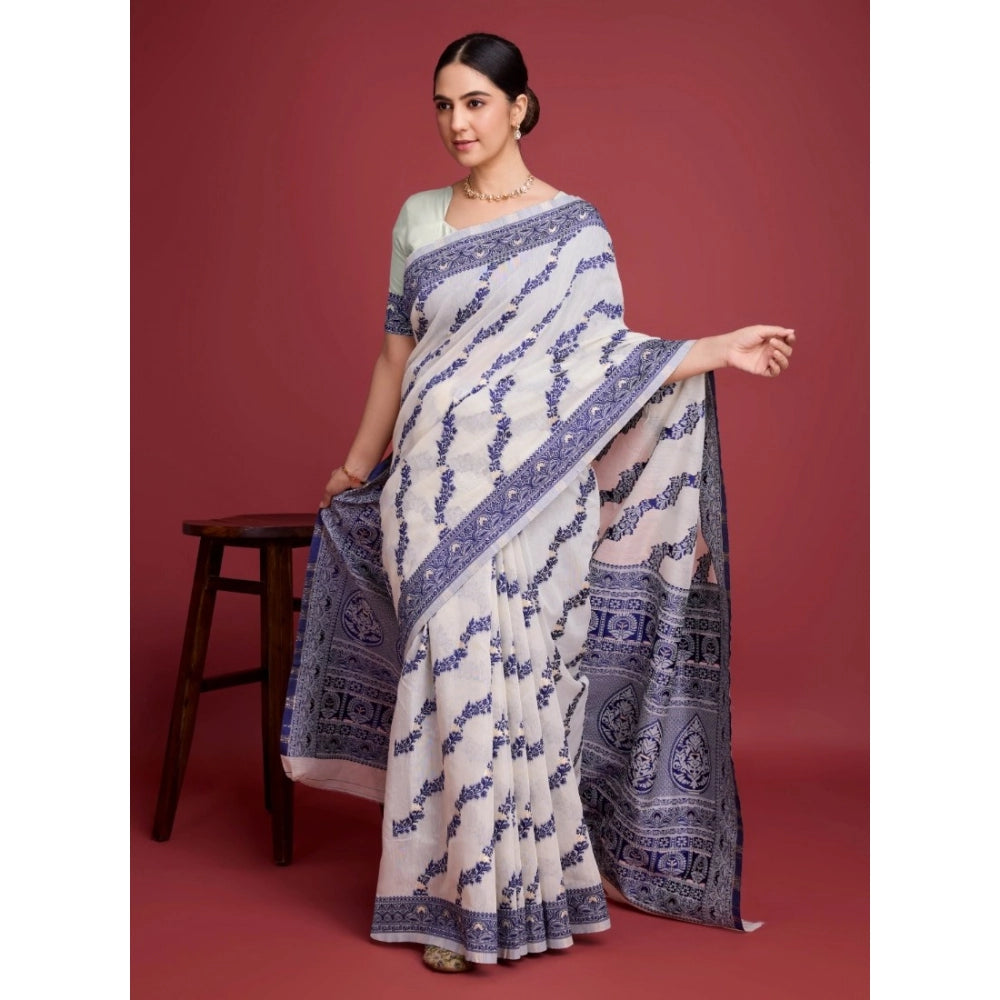Women's Jamdani Cotton Silk Printed Saree With Unstitched Blouse 5.5Mtr (Navy Blue)