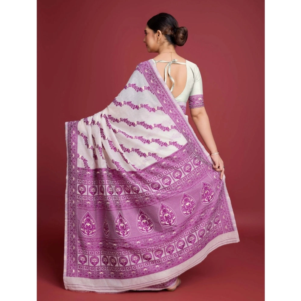 Women's Jamdani Cotton Silk Printed Saree With Unstitched Blouse 5.5Mtr (Wine)