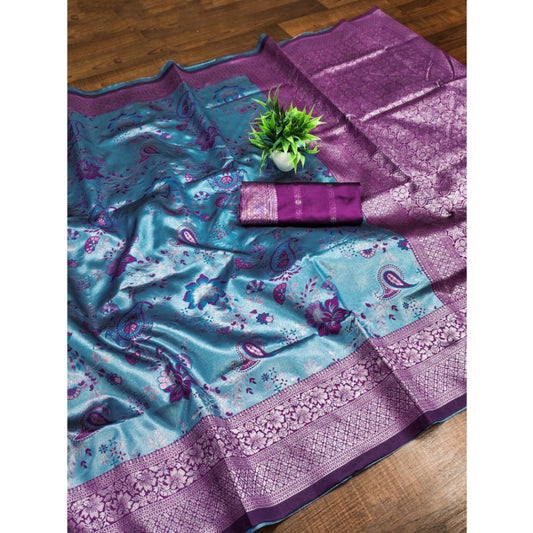 Women's Banarasi Jacquard Printed Saree With Unstitched Blouse 5.5Mtr (Blue)