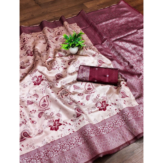 Women's Banarasi Jacquard Printed Saree With Unstitched Blouse 5.5Mtr (Wine)
