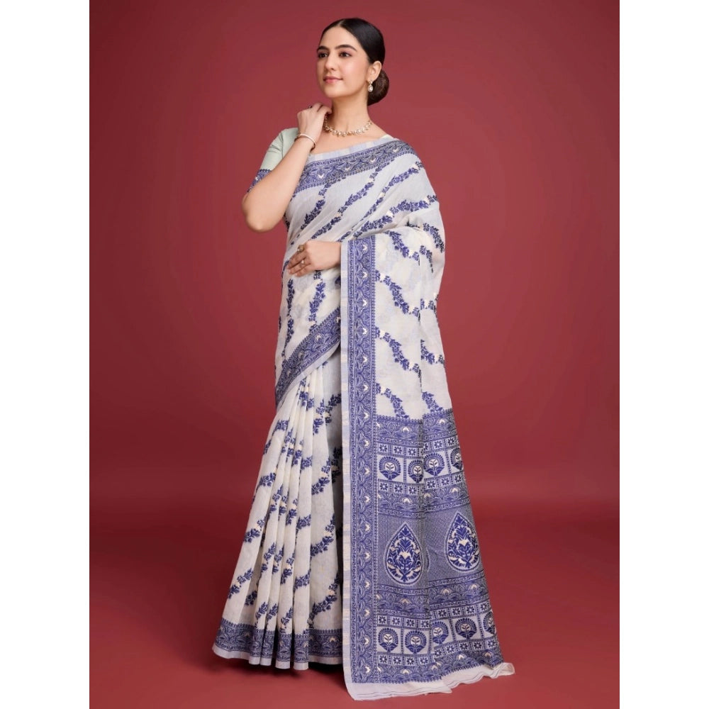 Women's Jamdani Cotton Silk Printed Saree With Unstitched Blouse 5.5Mtr (Navy Blue)