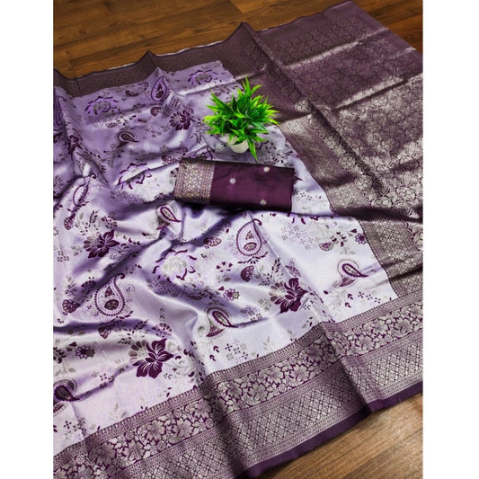 Women's Banarasi Jacquard Printed Saree With Unstitched Blouse 5.5Mtr (Purple)