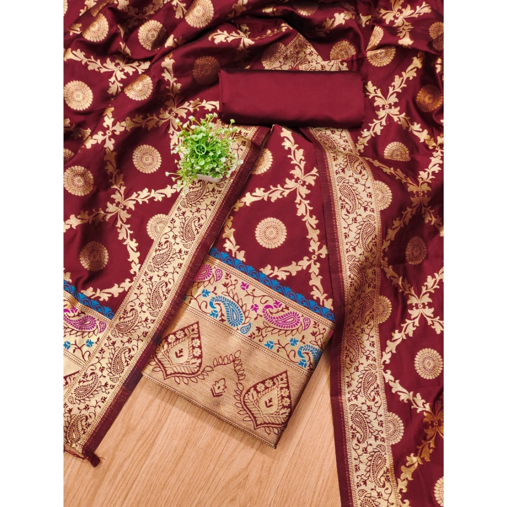 Women's Banarasi Silk Printed Unstitched Salwar Suit Material With Dupatta (Maroon, 3Mtrs)