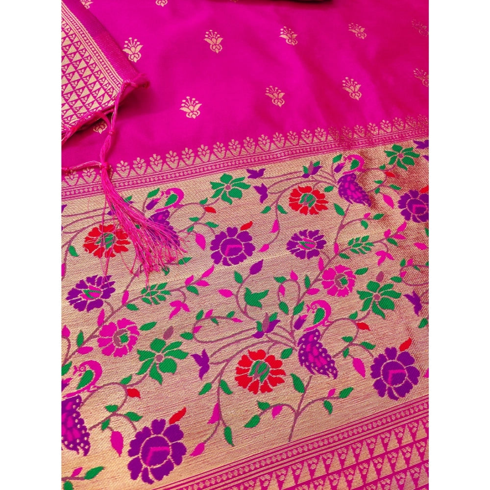 Women's Banarasi Silk Printed Unstitched Salwar Suit Material With Dupatta (Pink, 3Mtrs)