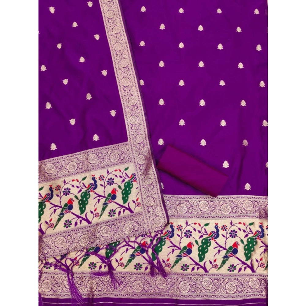 Women's Banarasi Silk Printed Unstitched Salwar Suit Material With Dupatta (Purple, 3Mtrs)