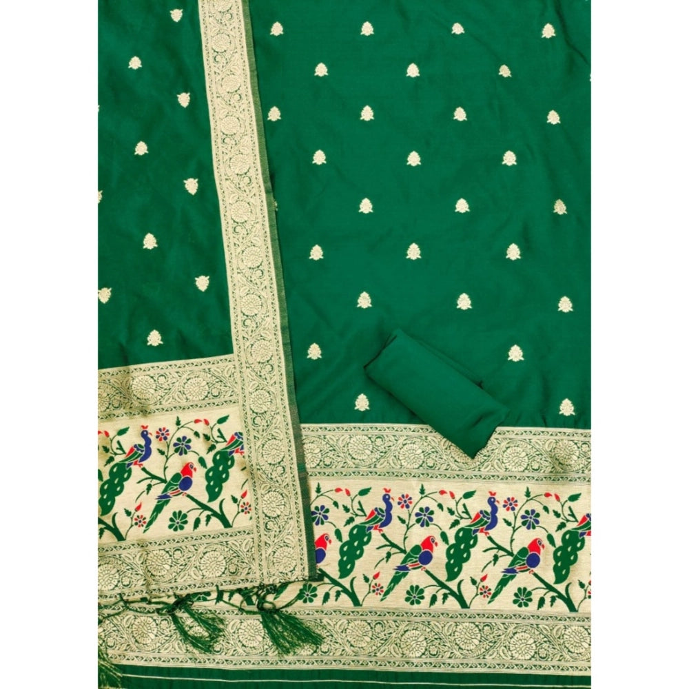 Women's Banarasi Silk Printed Unstitched Salwar Suit Material With Dupatta (Bottle Green, 3Mtrs)