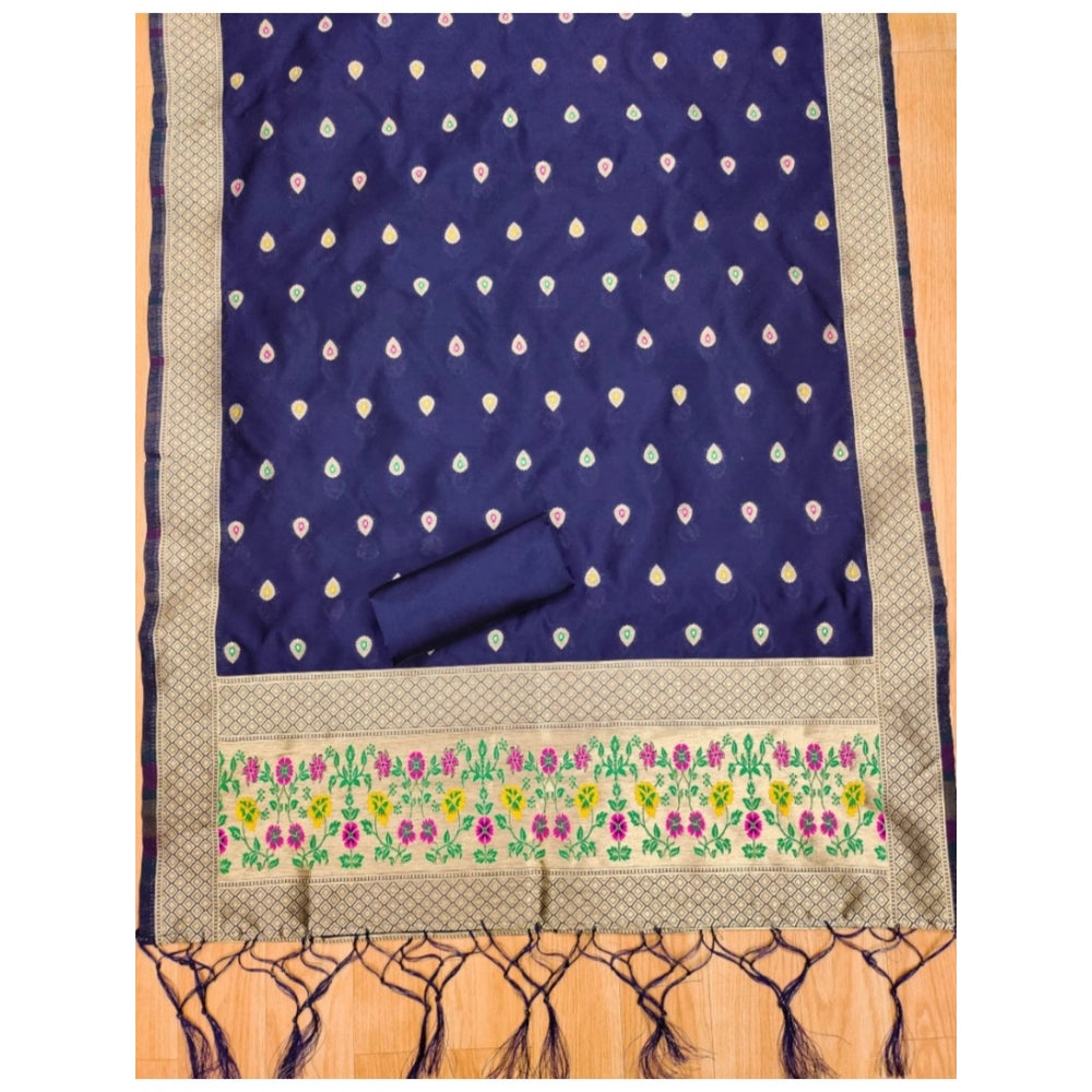 Women's Banarasi Silk Printed Unstitched Salwar Suit Material With Dupatta (Navy Blue, 3Mtrs)