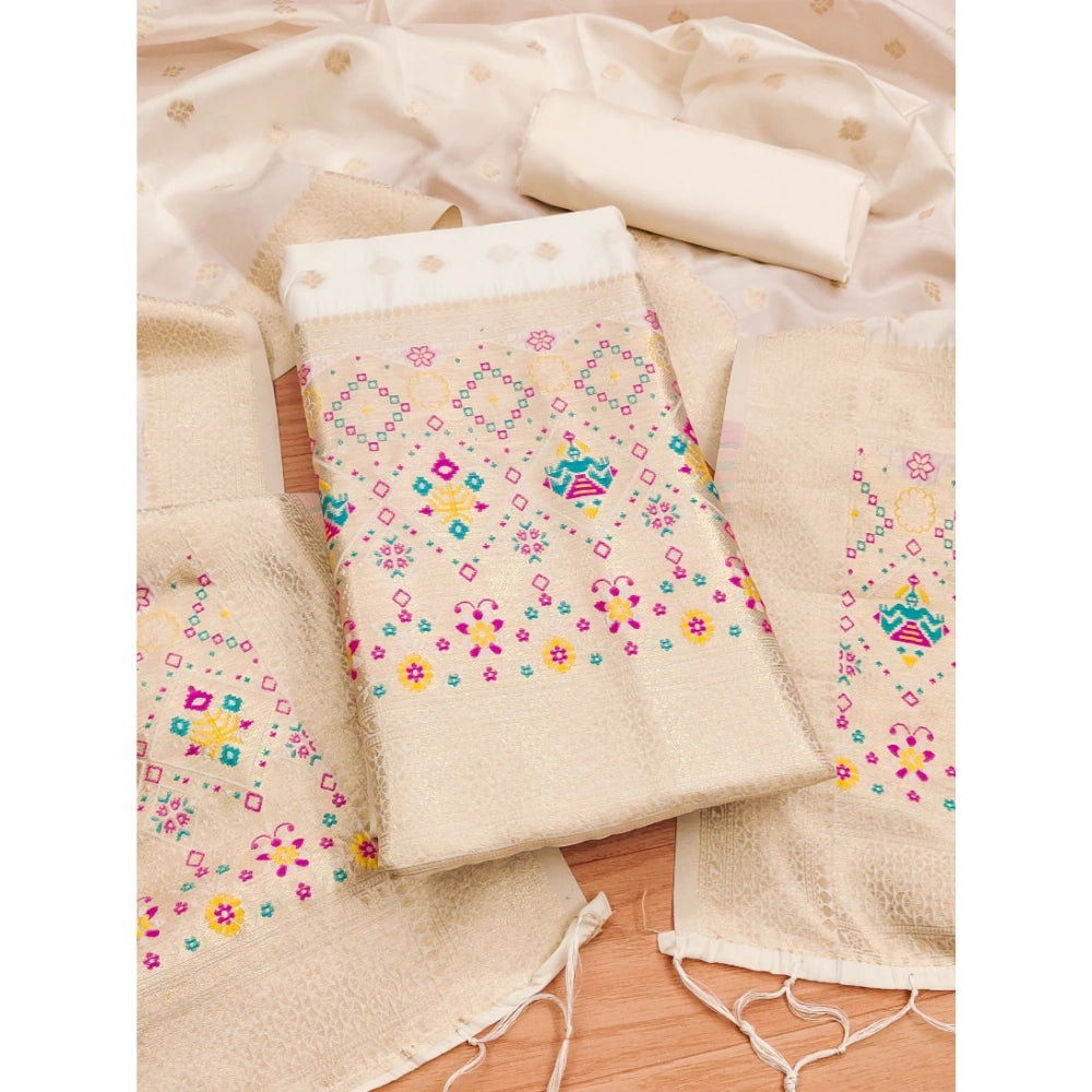 Women's Banarasi Silk Printed Unstitched Salwar Suit Material With Dupatta (White, 3Mtrs)