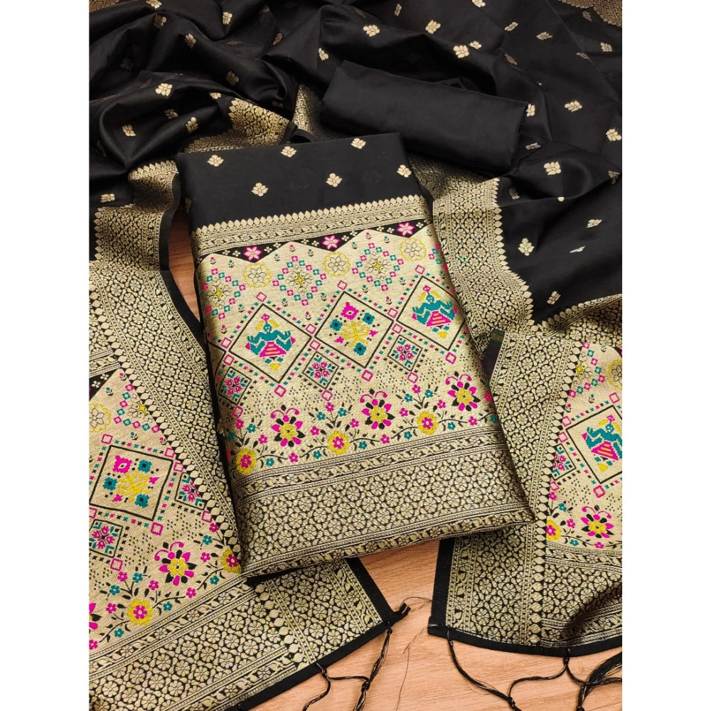 Women's Banarasi Silk Printed Unstitched Salwar Suit Material With Dupatta (Black, 3Mtrs)