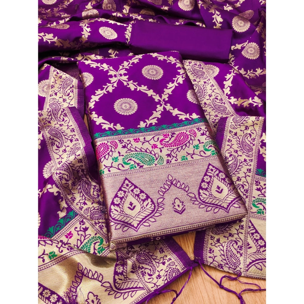Women's Banarasi Silk Printed Unstitched Salwar Suit Material With Dupatta (Purple, 3Mtrs)