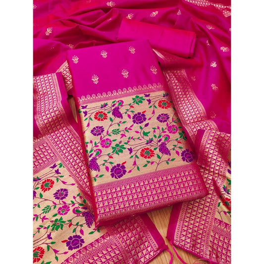 Women's Banarasi Silk Printed Unstitched Salwar Suit Material With Dupatta (Pink, 3Mtrs)