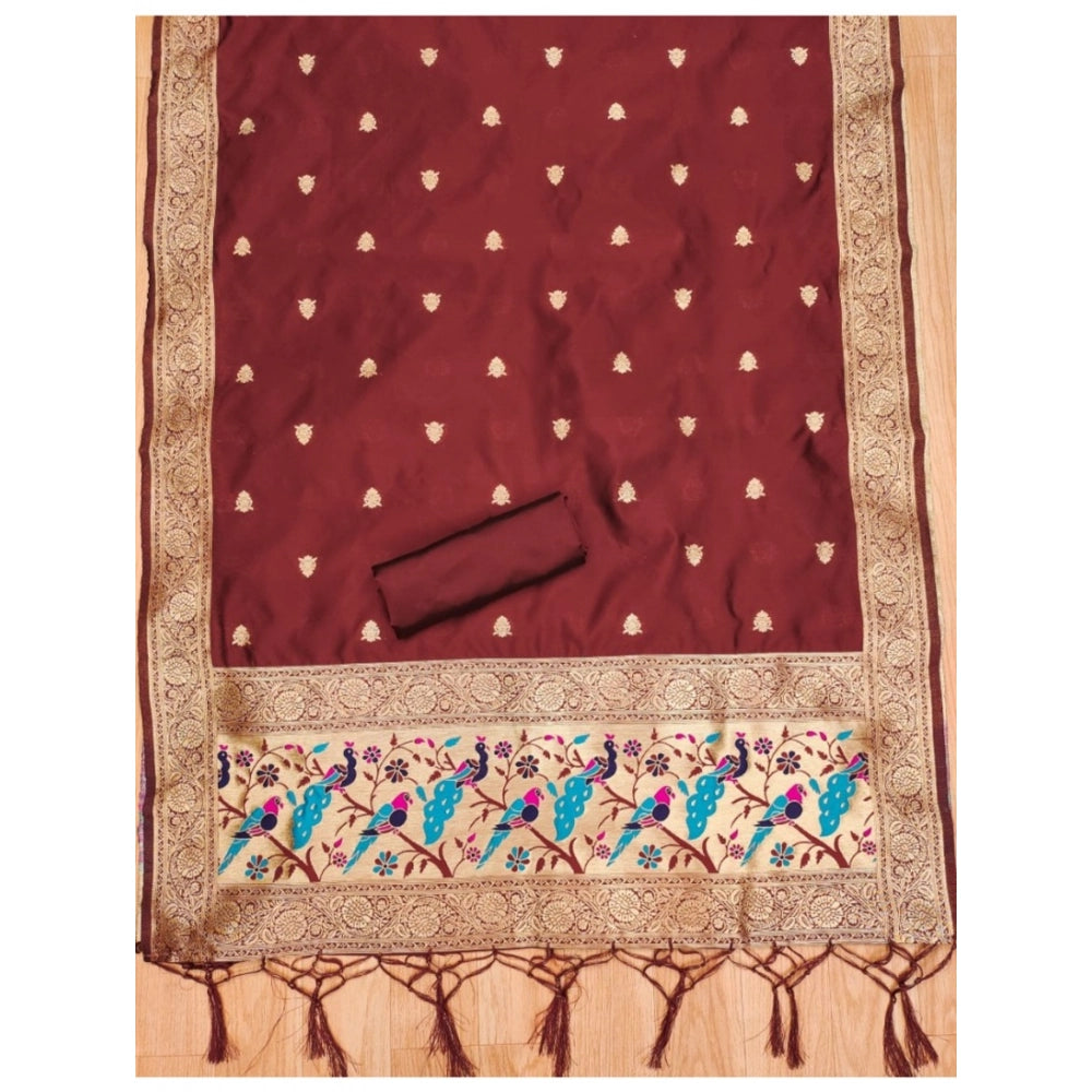 Women's Banarasi Silk Printed Unstitched Salwar Suit Material With Dupatta (Maroon, 3Mtrs)
