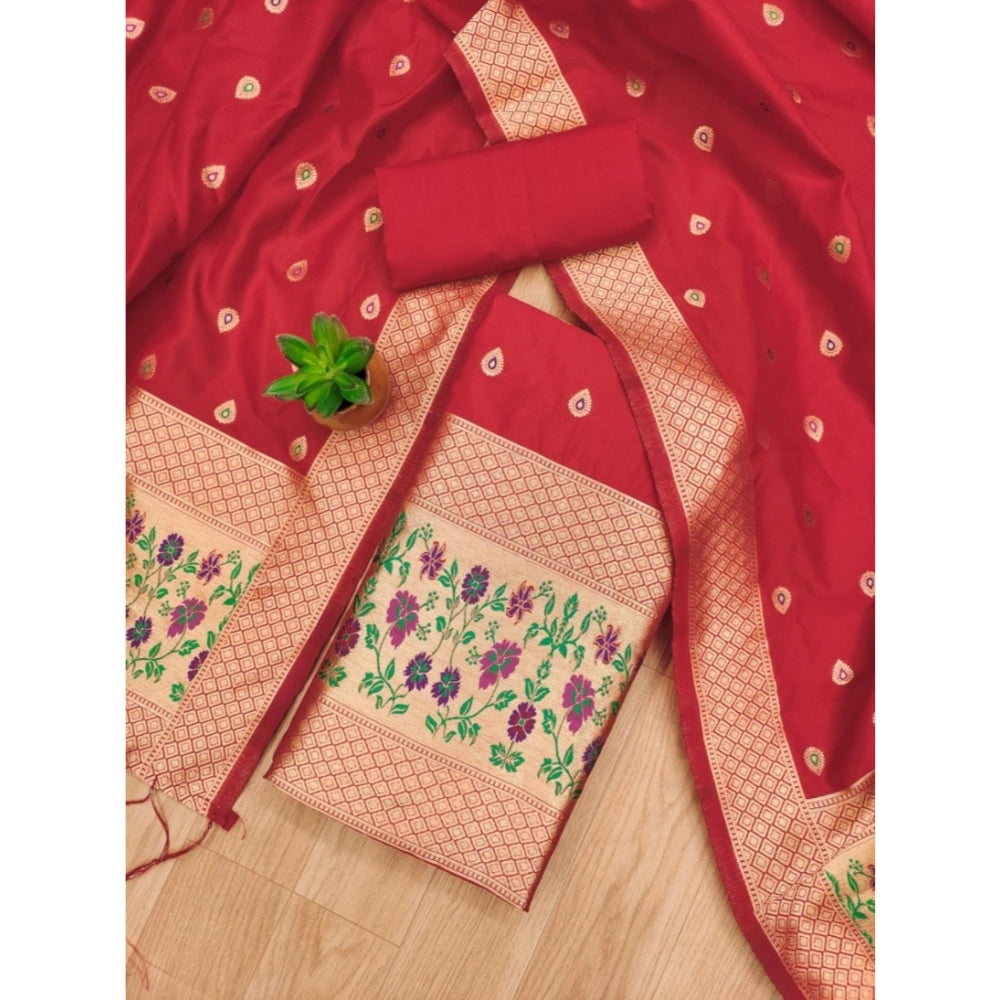 Women's Banarasi Silk Printed Unstitched Salwar Suit Material With Dupatta (Red, 3Mtrs)