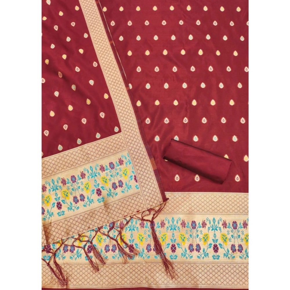 Women's Banarasi Silk Printed Unstitched Salwar Suit Material With Dupatta (Maroon, 3Mtrs)