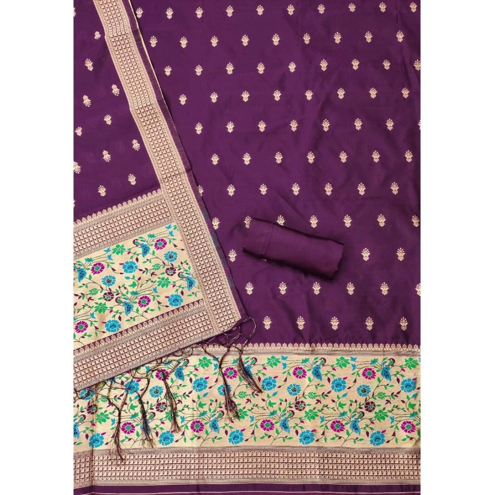 Women's Banarasi Silk Printed Unstitched Salwar Suit Material With Dupatta (Wine, 3Mtrs)