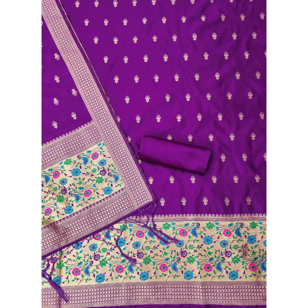 Women's Banarasi Silk Printed Unstitched Salwar Suit Material With Dupatta (Purple, 3Mtrs)
