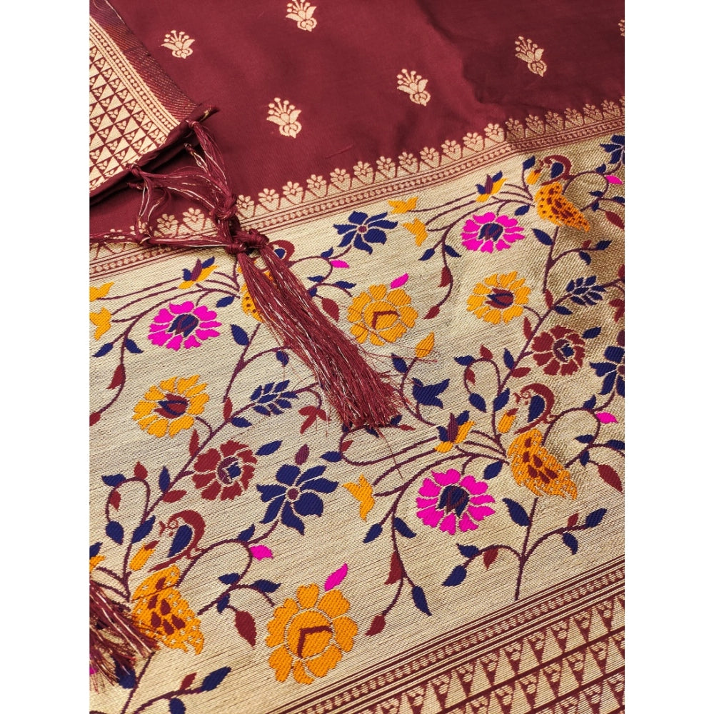 Women's Banarasi Silk Printed Unstitched Salwar Suit Material With Dupatta (Maroon, 3Mtrs)