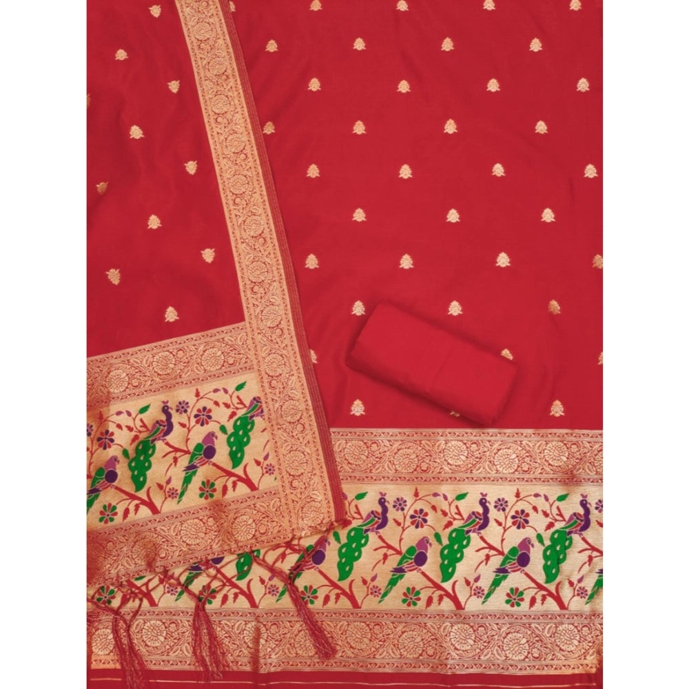Women's Banarasi Silk Printed Unstitched Salwar Suit Material With Dupatta (Red, 3Mtrs)