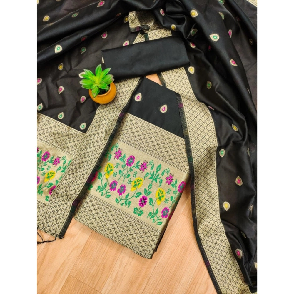 Women's Banarasi Silk Printed Unstitched Salwar Suit Material With Dupatta (Black, 3Mtrs)