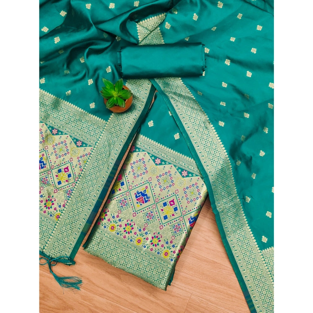 Women's Banarasi Silk Printed Unstitched Salwar Suit Material With Dupatta (Rama, 3Mtrs)