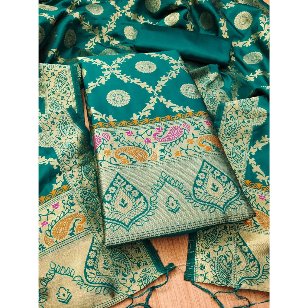 Women's Banarasi Silk Printed Unstitched Salwar Suit Material With Dupatta (Rama, 3Mtrs)