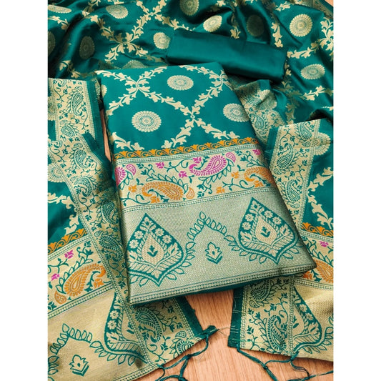 Women's Banarasi Silk Printed Unstitched Salwar Suit Material With Dupatta (Rama, 3Mtrs)