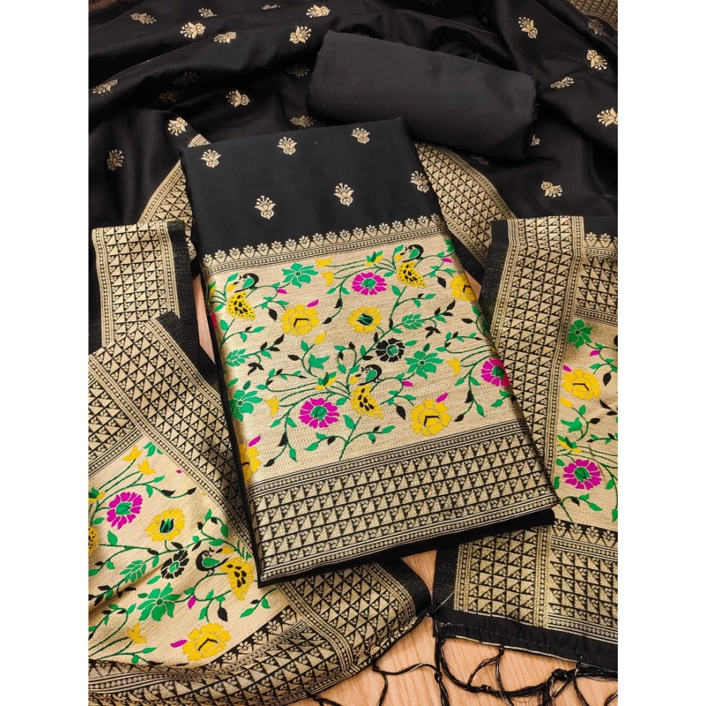 Women's Banarasi Silk Printed Unstitched Salwar Suit Material With Dupatta (Black, 3Mtrs)