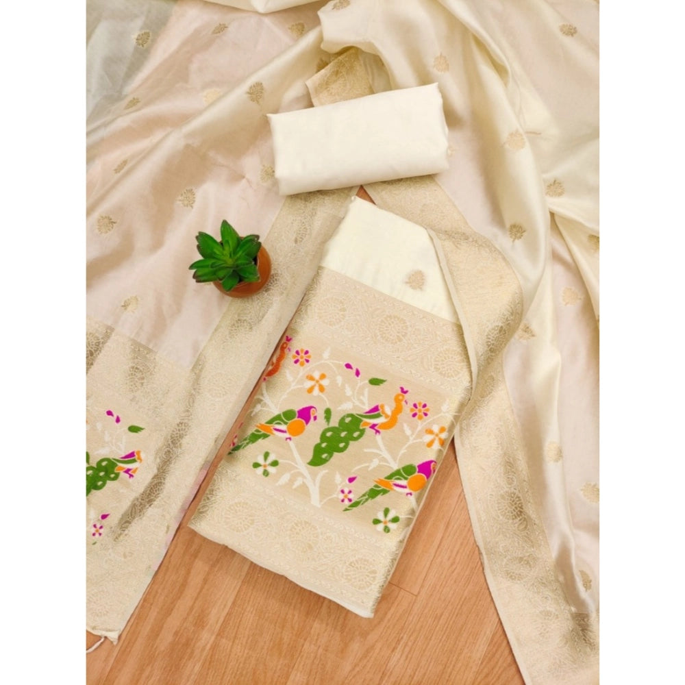 Women's Banarasi Silk Printed Unstitched Salwar Suit Material With Dupatta (White, 3Mtrs)