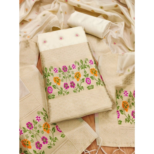 Women's Banarasi Silk Printed Unstitched Salwar Suit Material With Dupatta (White, 3Mtrs)