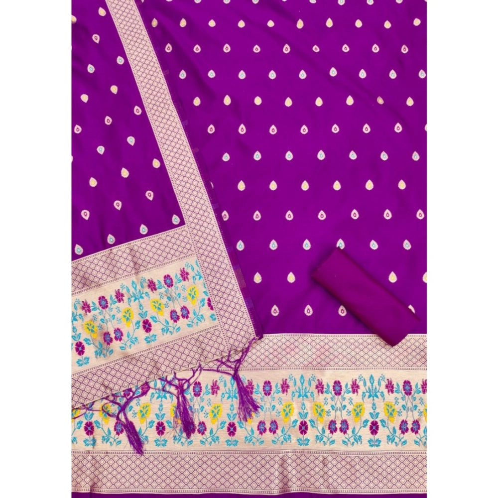 Women's Banarasi Silk Printed Unstitched Salwar Suit Material With Dupatta (Purple, 3Mtrs)