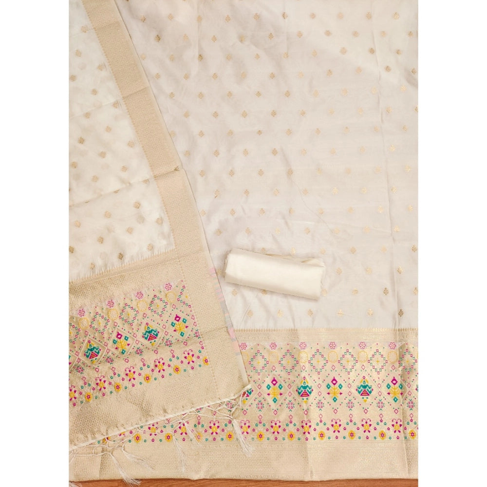 Women's Banarasi Silk Printed Unstitched Salwar Suit Material With Dupatta (White, 3Mtrs)
