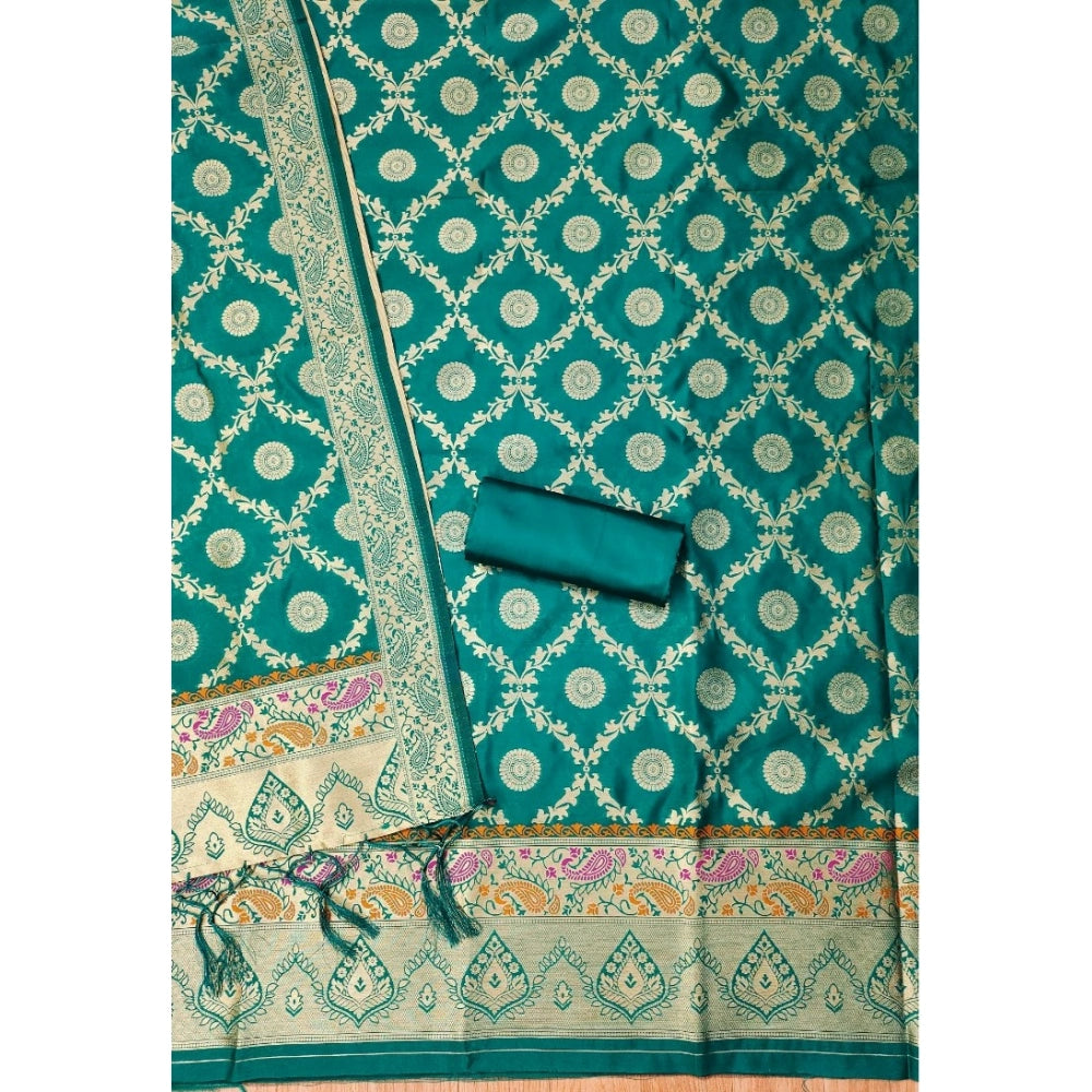 Women's Banarasi Silk Printed Unstitched Salwar Suit Material With Dupatta (Rama, 3Mtrs)
