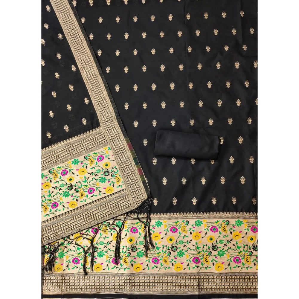 Women's Banarasi Silk Printed Unstitched Salwar Suit Material With Dupatta (Black, 3Mtrs)