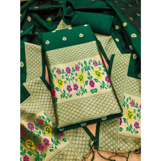 Women's Banarasi Silk Printed Unstitched Salwar Suit Material With Dupatta (Bottle Green, 3Mtrs)