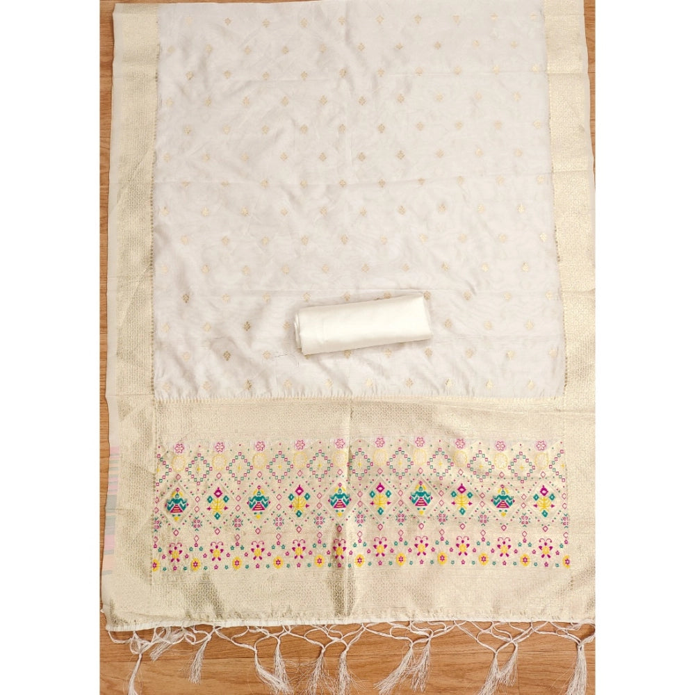 Women's Banarasi Silk Printed Unstitched Salwar Suit Material With Dupatta (White, 3Mtrs)