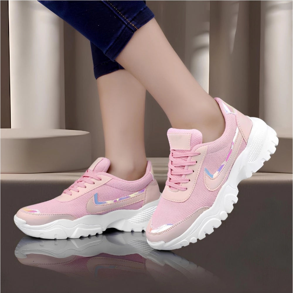 Women's Casual Mesh Printed Lace-Ups Shoes (Pink)