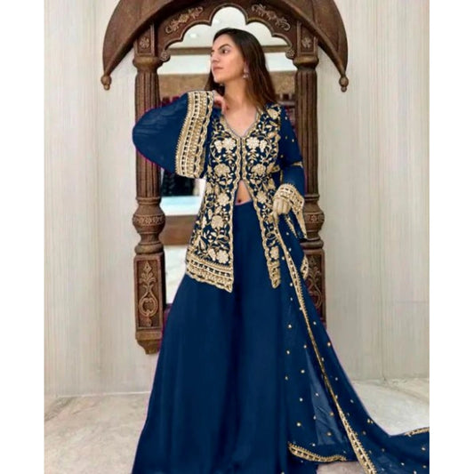 Women's Georgette Embroidery 3-4th Sleeve V-Neck Kurti, Palazzo And Dupatta Set (Morpich)