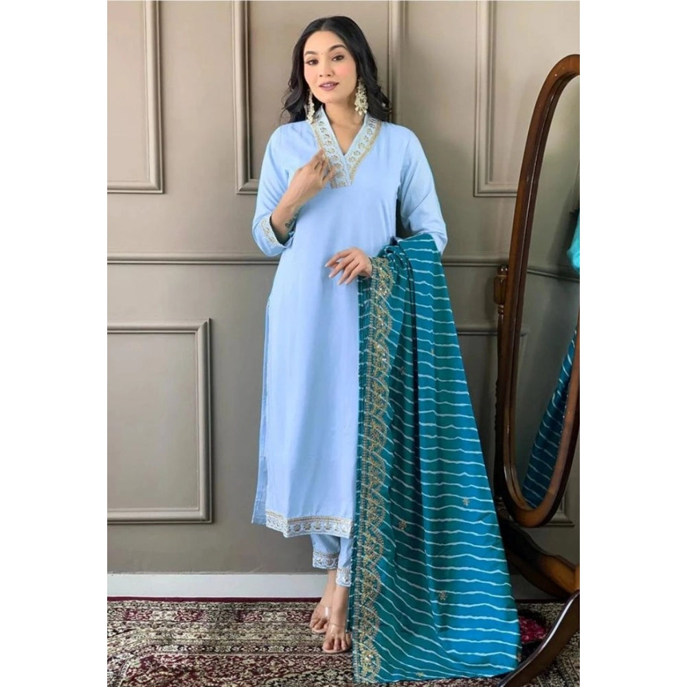 Women's Roman Silk Embroidery 3-4th Sleeve V-Neck Kurti With Pant Dupatta Set (Rama)